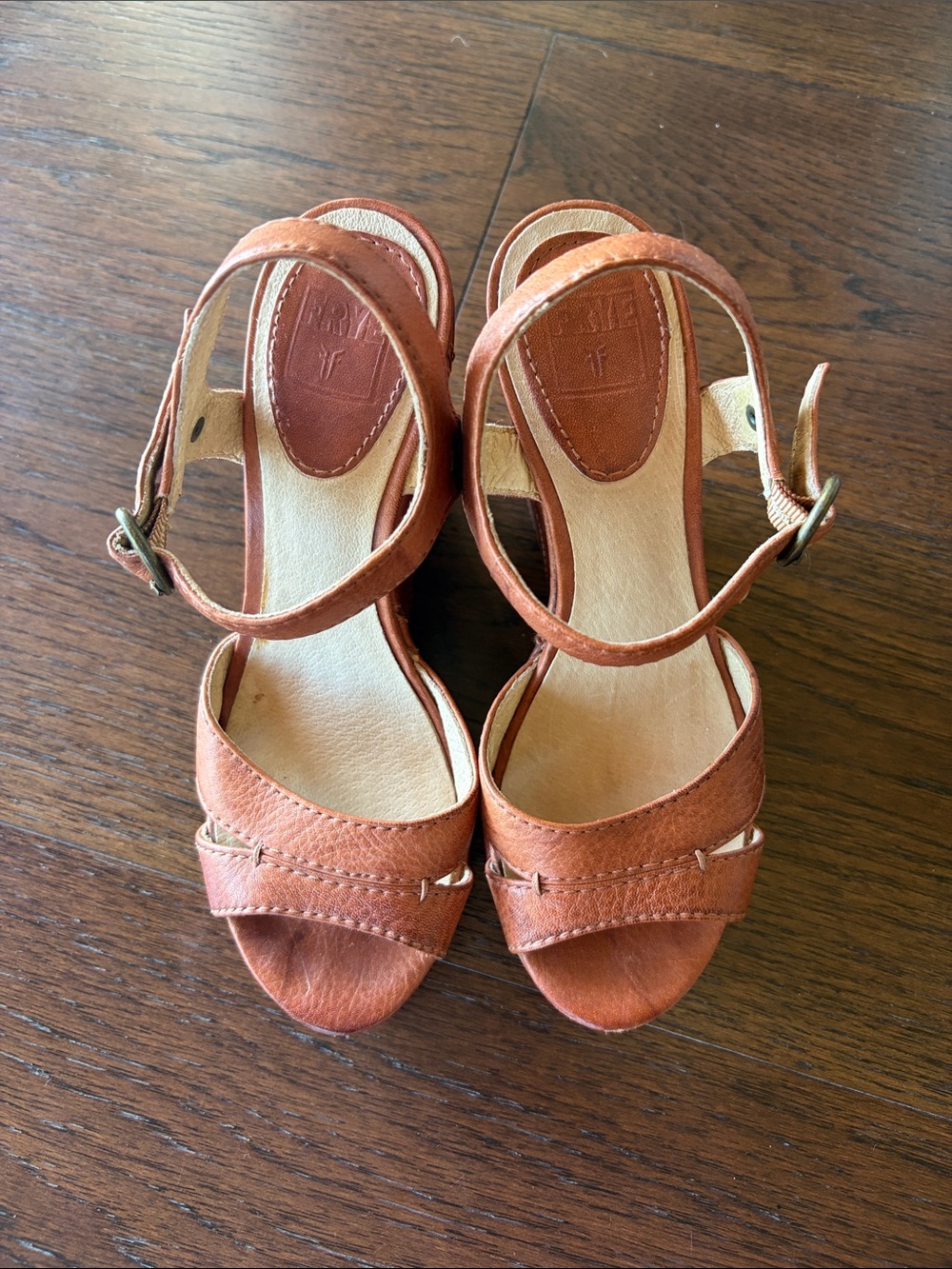 FRYE AND CO. Women's Open-Toe Ankle Strap Heels in Burnt Orange